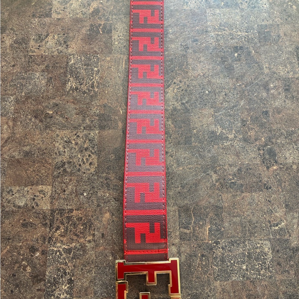 Fendi Red and Gold Geometric Pattern Belt